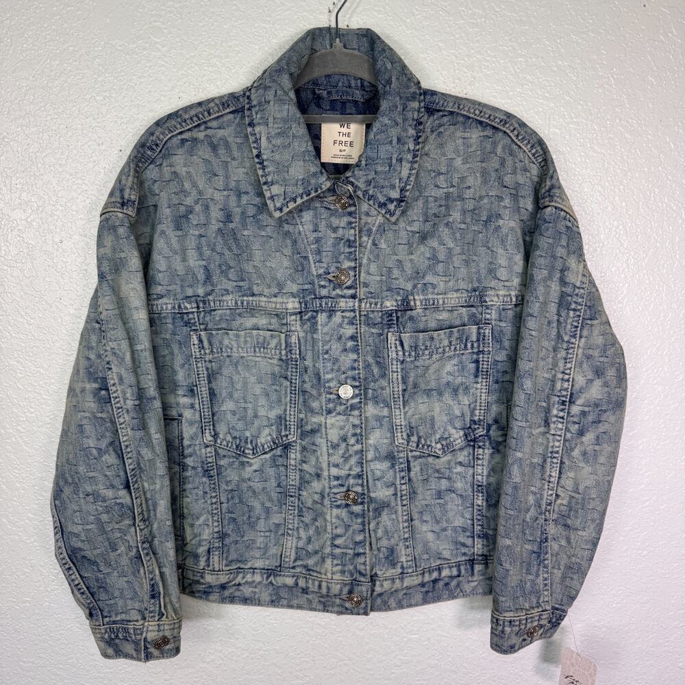 We The Free People Jacquard Letters Denim Jacket Womens Small Trucker Boho NEW - Picture 1 of 11